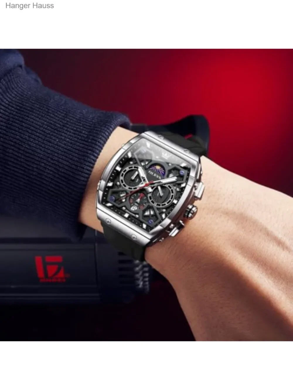 Men's Luxury Square Skeleton Chronograph Watch Quartz Stainless Steel Rubber